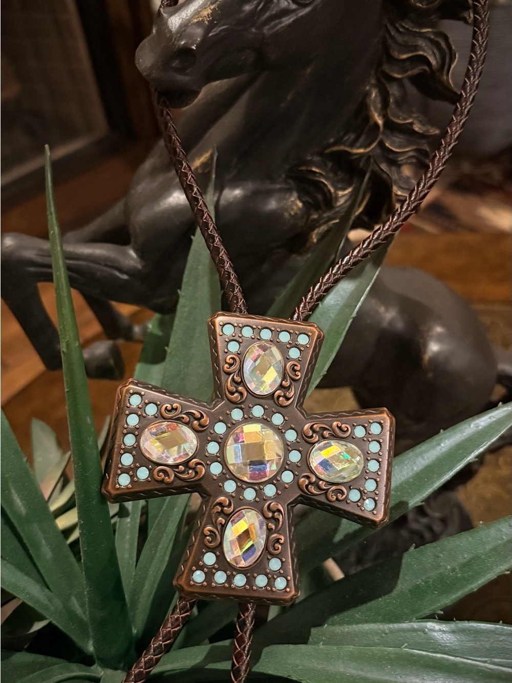 Western Turquoise Crystal Cross bolo